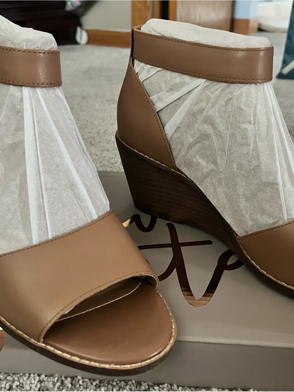 Women’s Tan Open-Toe Wedge Sandals- new in original packaging